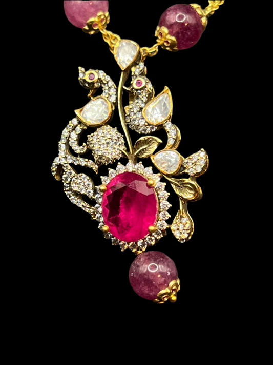 Moissanite "Peacock" Pendant Necklace With Pink Ruby Stones