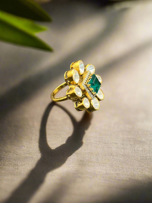 Moissanite "Victorian" Ring With Emerald Stone