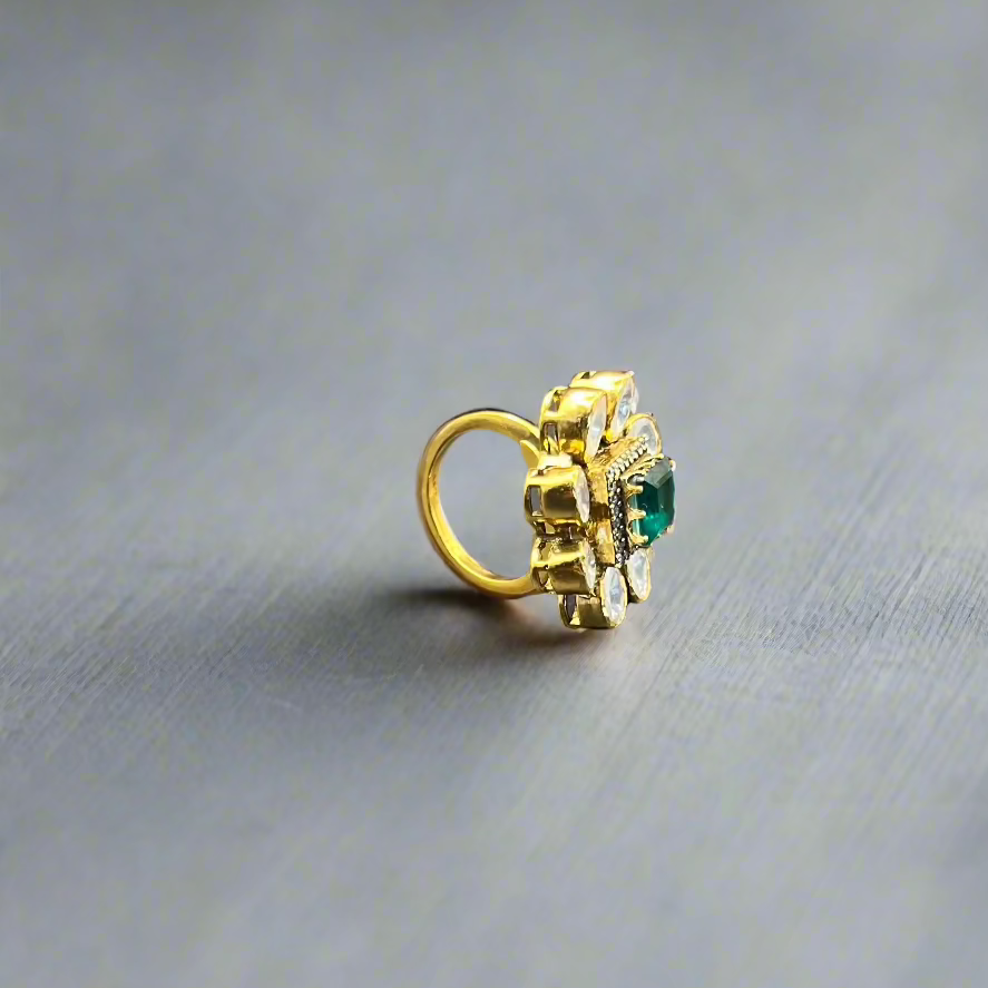 Moissanite "Victorian" Ring With Emerald Stone
