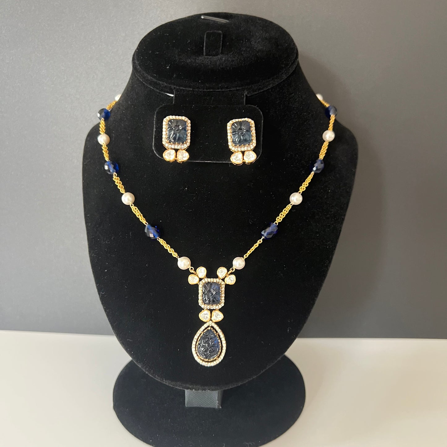 Moissanite "Carved Sapphire" Pendant Set