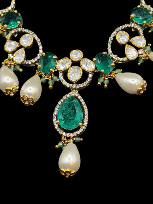 Moissanite "Charmed Pearls" Adjustable Set With Semi-Precious Emeralds