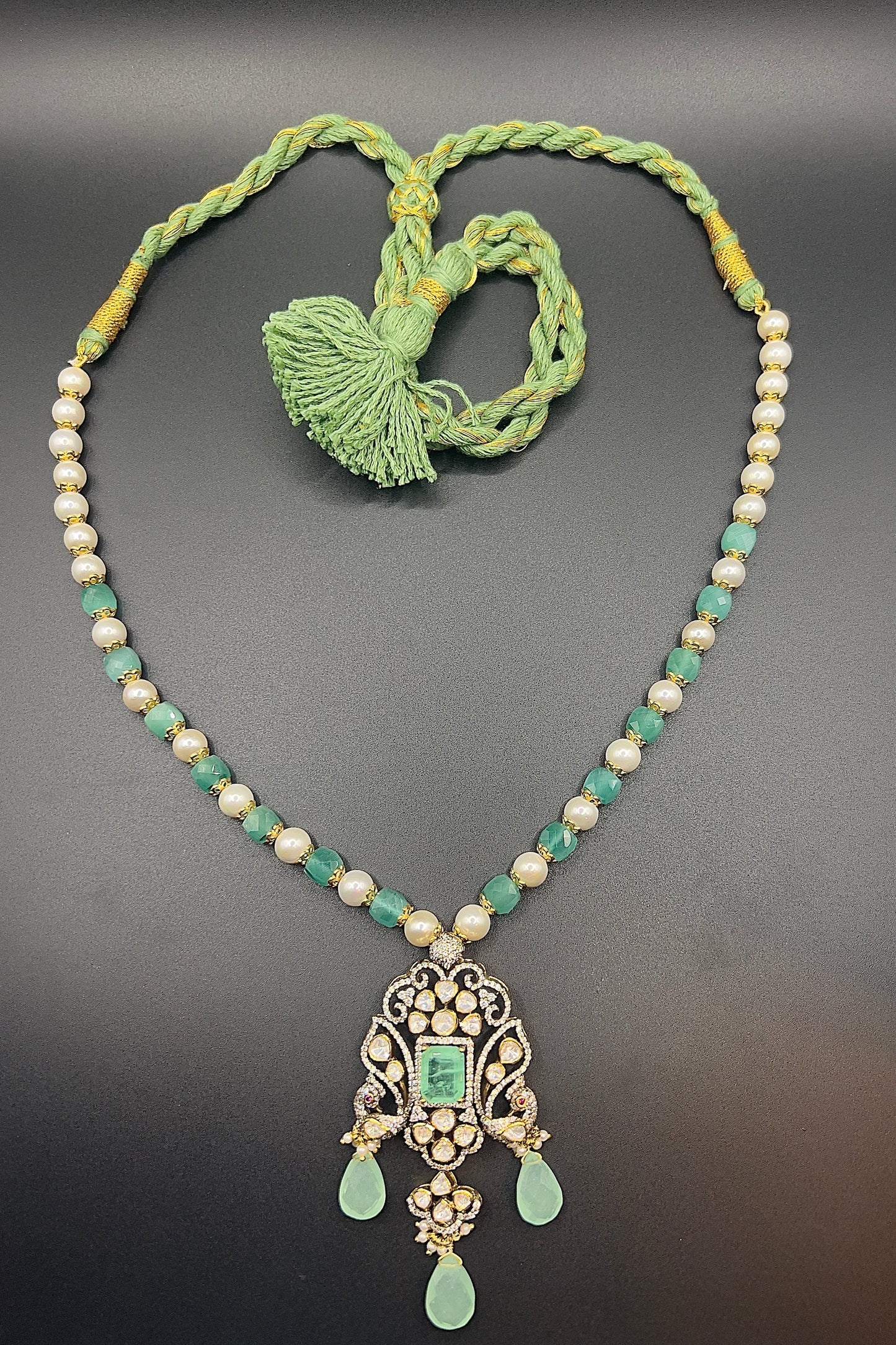 Moissanite "Russian Emerald" Adjustable Pendant Set With Pearls
