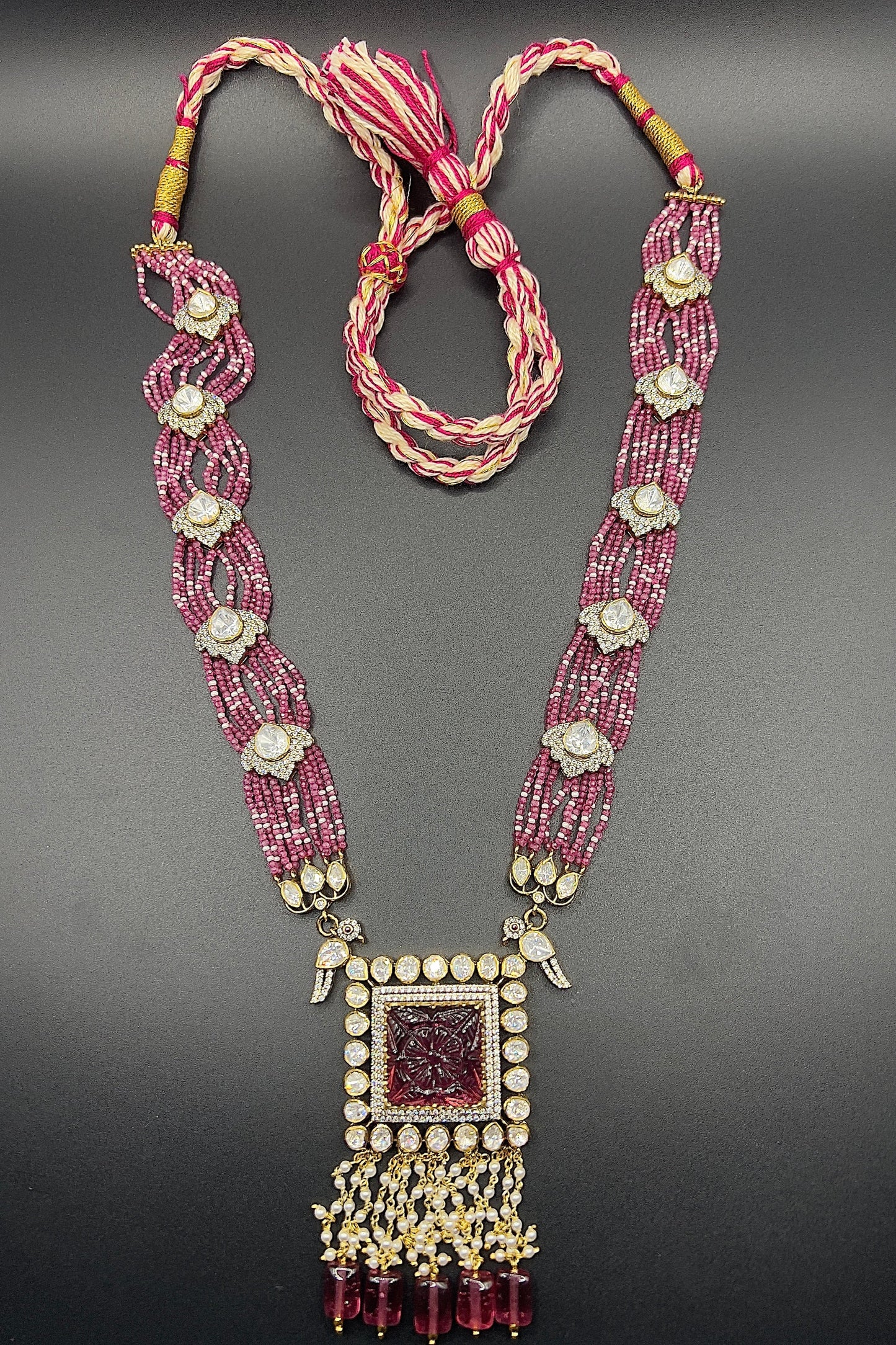 Moissanite "Carved Flower" Adjustable Pendant Set With Pink Ruby Pearls