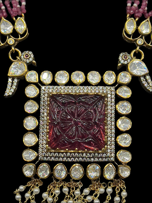 Moissanite "Carved Flower" Adjustable Pendant Set With Pink Ruby Pearls