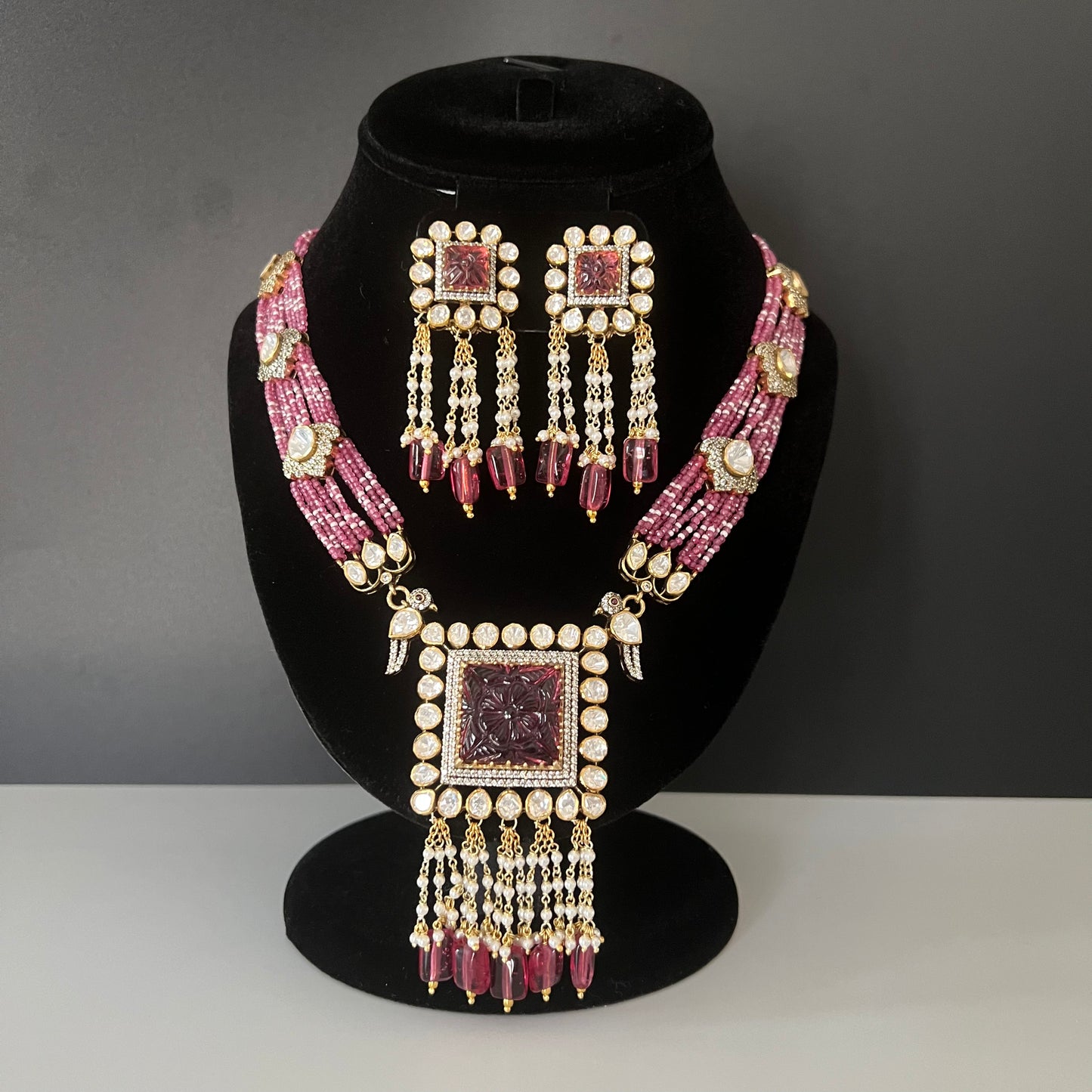 Moissanite "Carved Flower" Adjustable Pendant Set With Pink Ruby Pearls