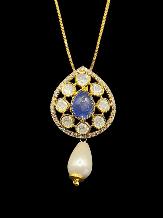 Moissanite "Blue Stone" Set With Fresh Water Pearl Drops