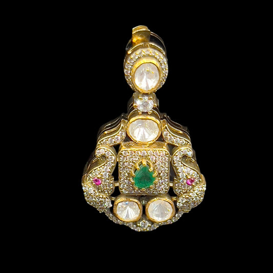 Moissanite "Peacock" Earrings With Touch of Emerald Stone