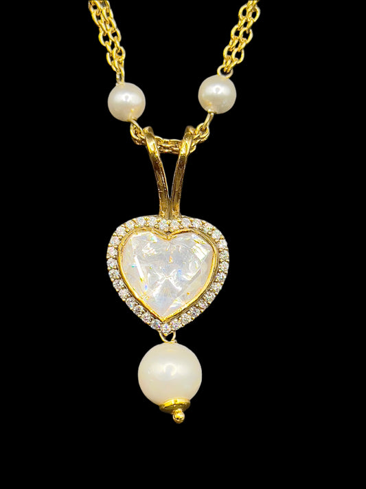 Moissanite "Heart Shaped" Pendant Set With Rich White Pearls