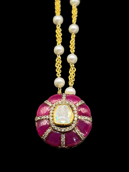 Moissanite "Royal Ruby" Pendant Set With White Pearls