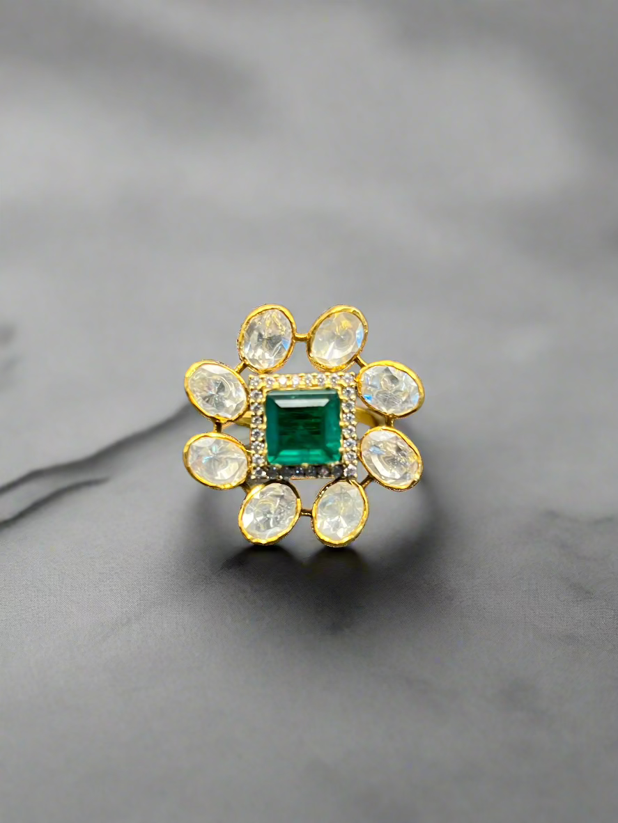 Moissanite "Victorian" Ring With Emerald Stone