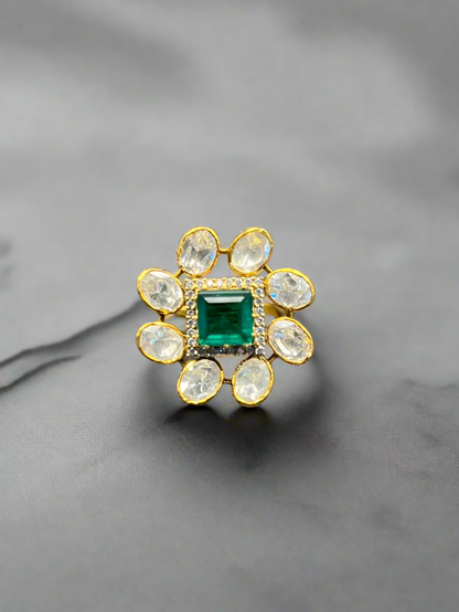 Moissanite "Victorian" Ring With Emerald Stone