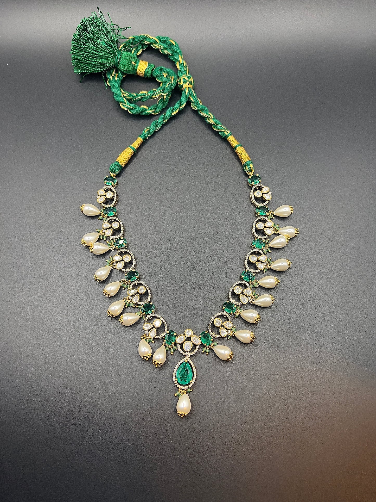 Moissanite "Charmed Pearls" Adjustable Set With Semi-Precious Emeralds