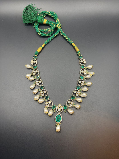 Moissanite "Charmed Pearls" Adjustable Set With Semi-Precious Emeralds