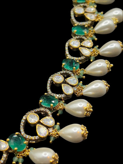 Moissanite "Charmed Pearls" Adjustable Set With Semi-Precious Emeralds