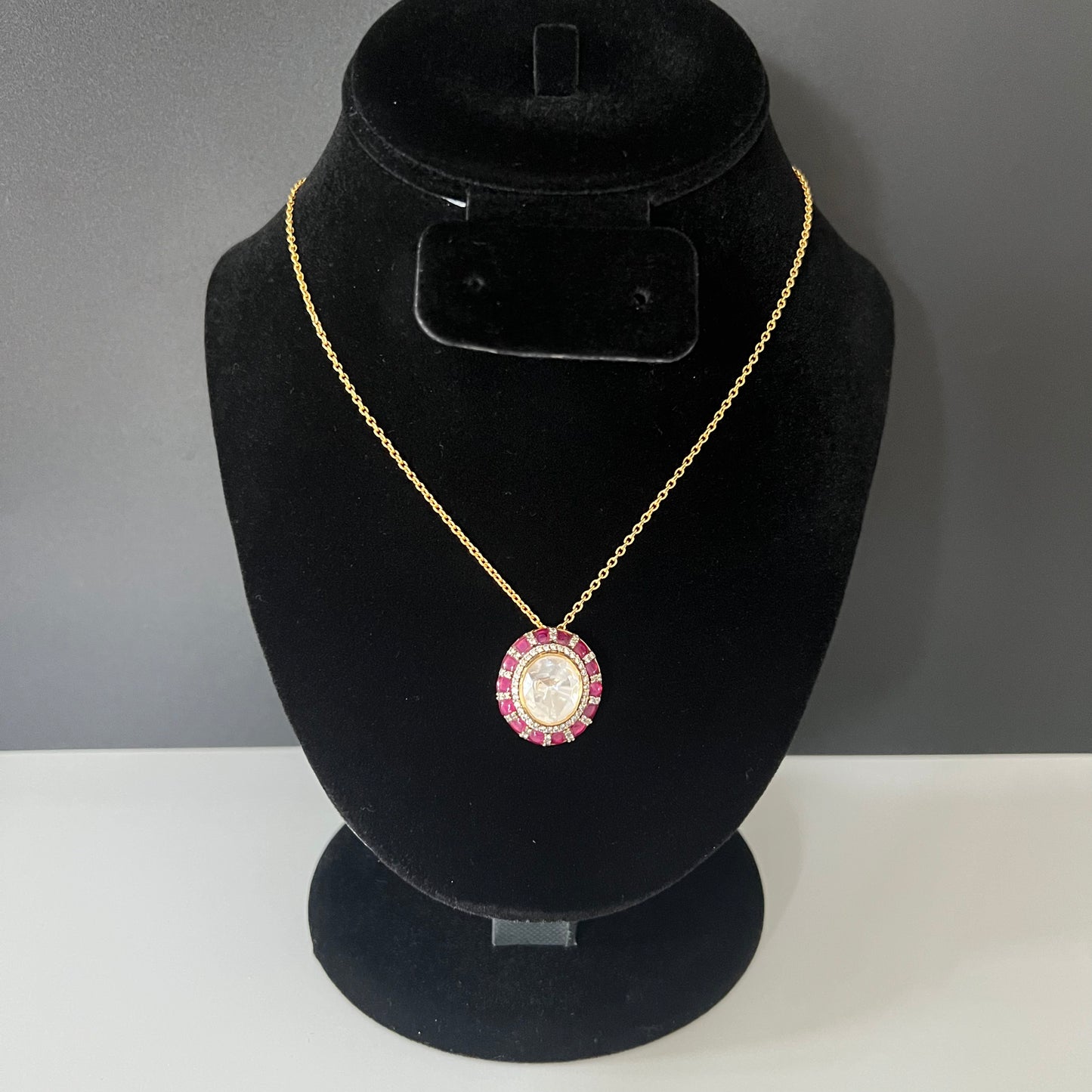 Moissanite "Big Stone" Pendant Necklace Bordered By Pink Ruby Stones