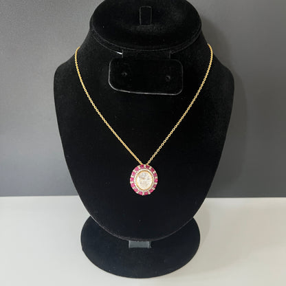 Moissanite "Big Stone" Pendant Necklace Bordered By Pink Ruby Stones