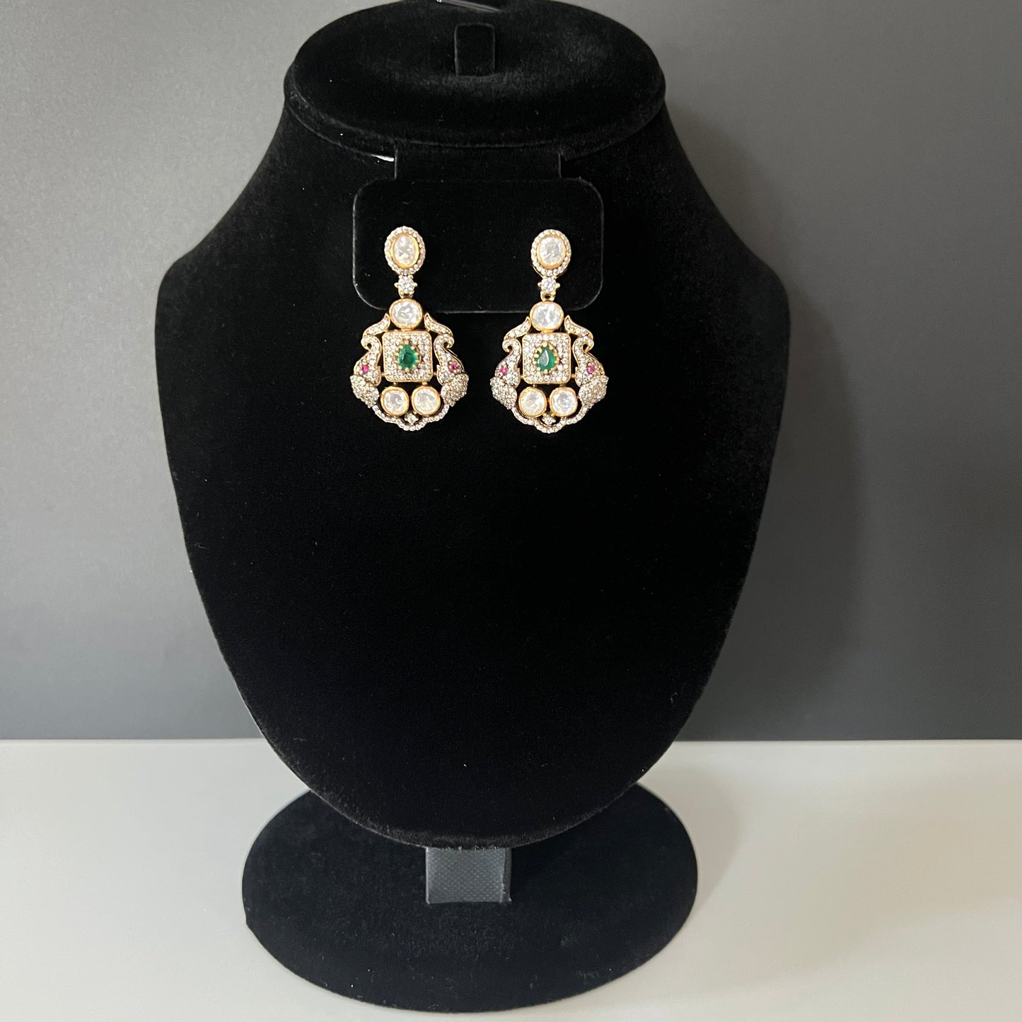 Moissanite "Peacock" Earrings With Touch of Emerald Stone