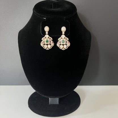 Moissanite "Peacock" Earrings With Touch of Emerald Stone