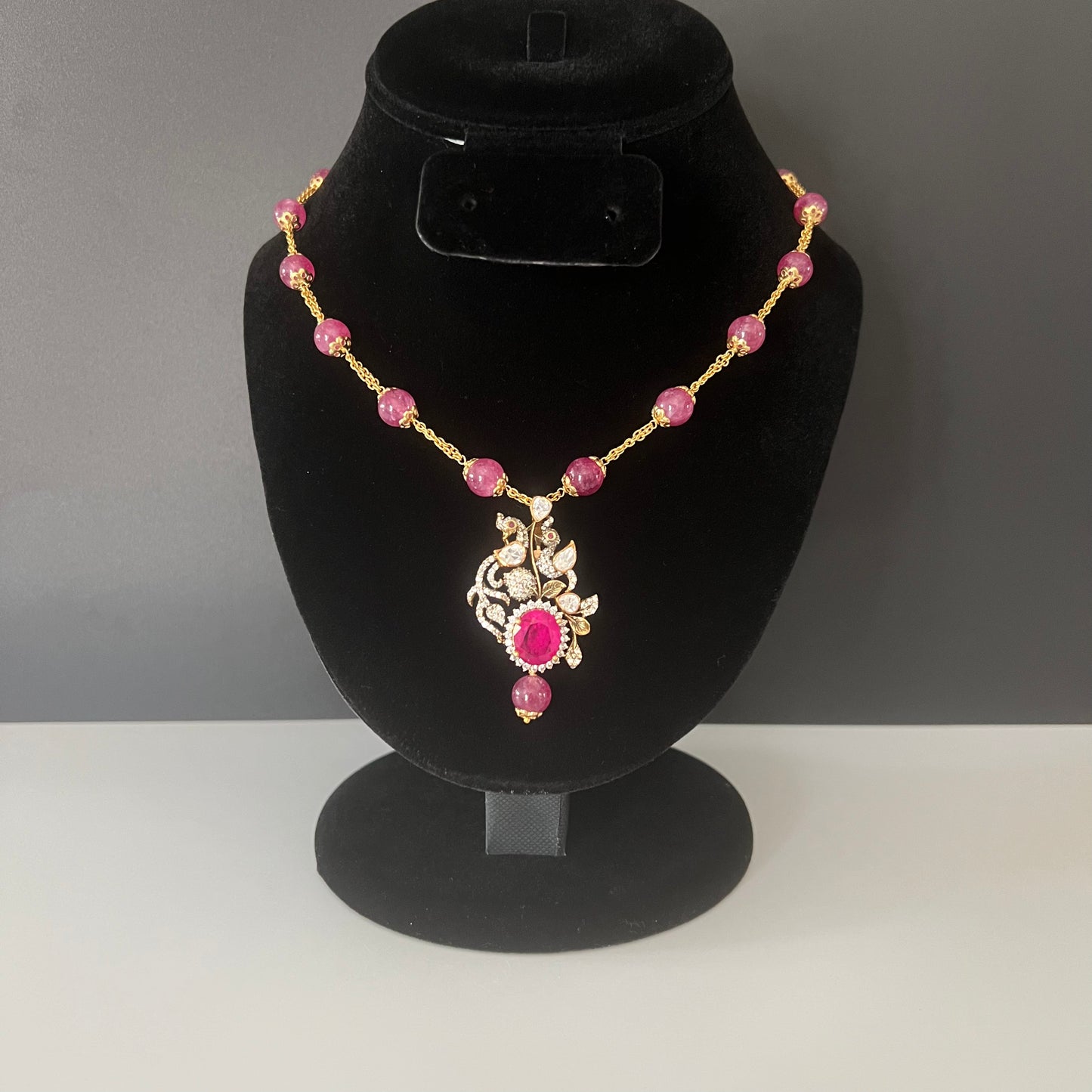 Moissanite "Peacock" Pendant Necklace With Pink Ruby Stones