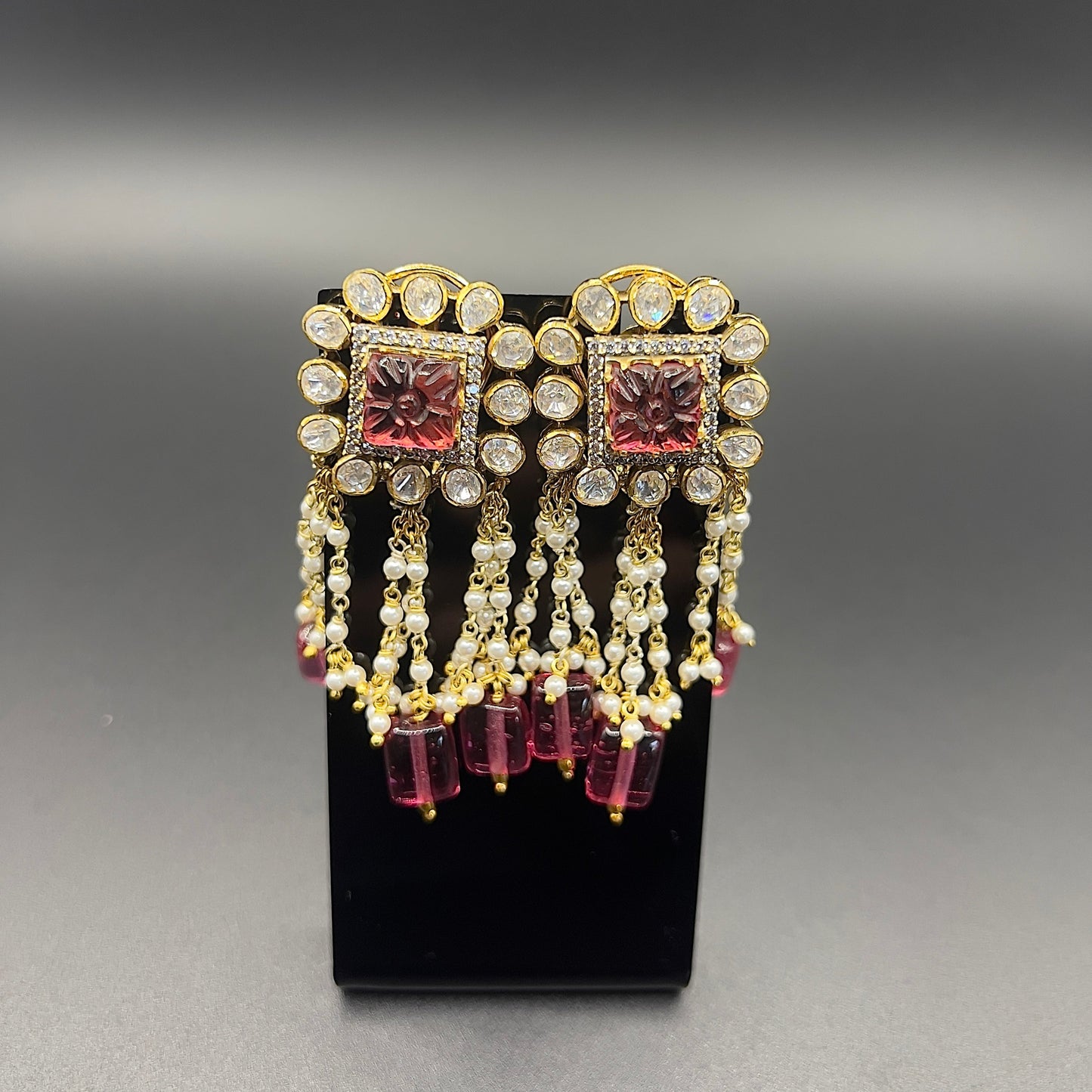 Moissanite "Carved Flower" Adjustable Pendant Set With Pink Ruby Pearls