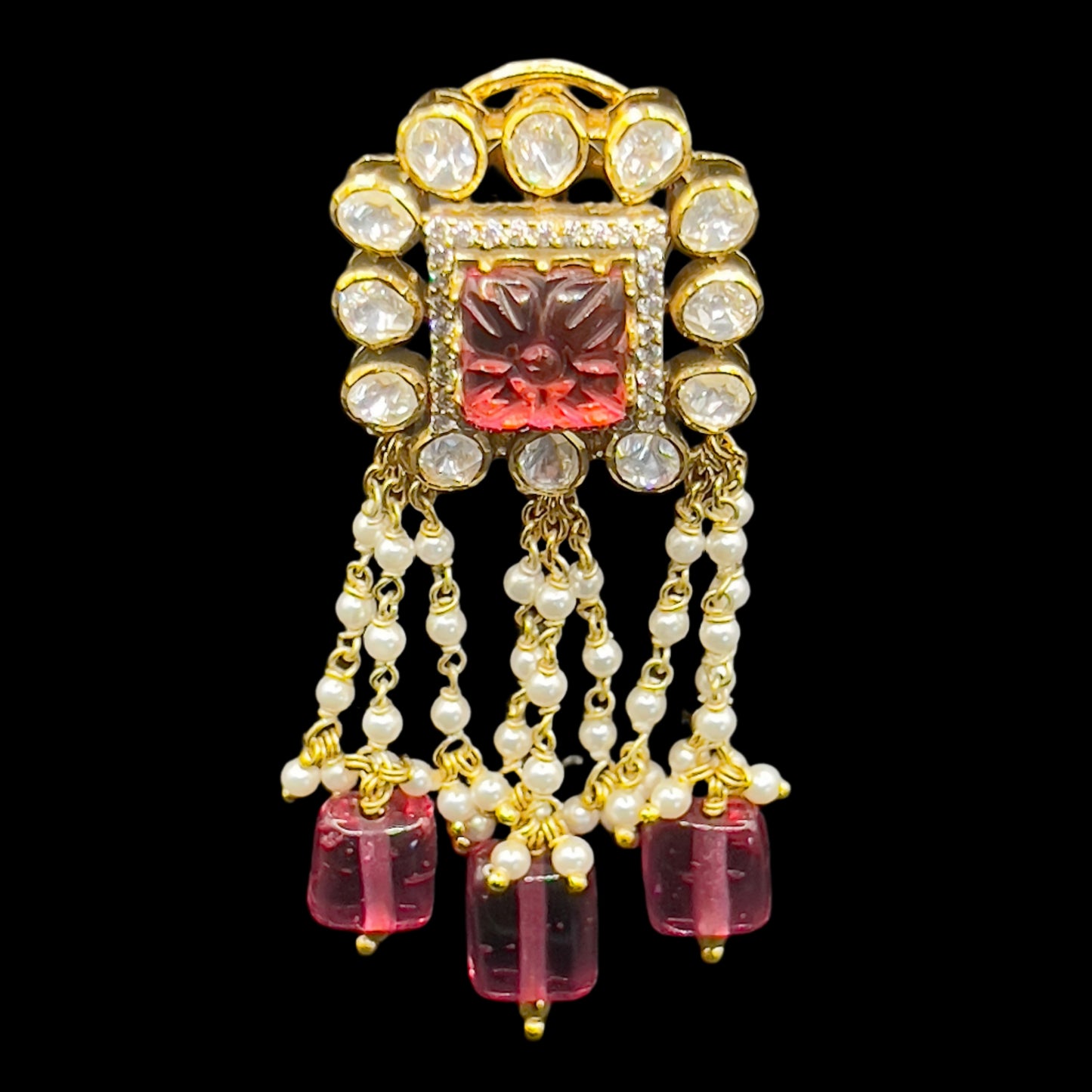 Moissanite "Carved Flower" Adjustable Pendant Set With Pink Ruby Pearls