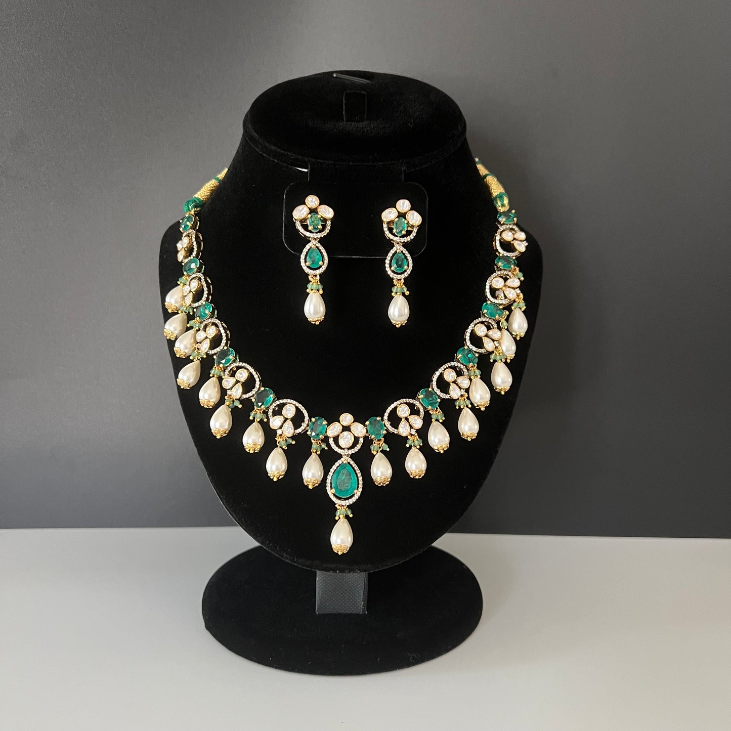 Moissanite "Charmed Pearls" Adjustable Set With Semi-Precious Emeralds