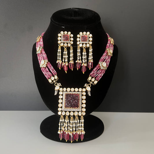 Moissanite "Carved Flower" Adjustable Pendant Set With Pink Ruby Pearls