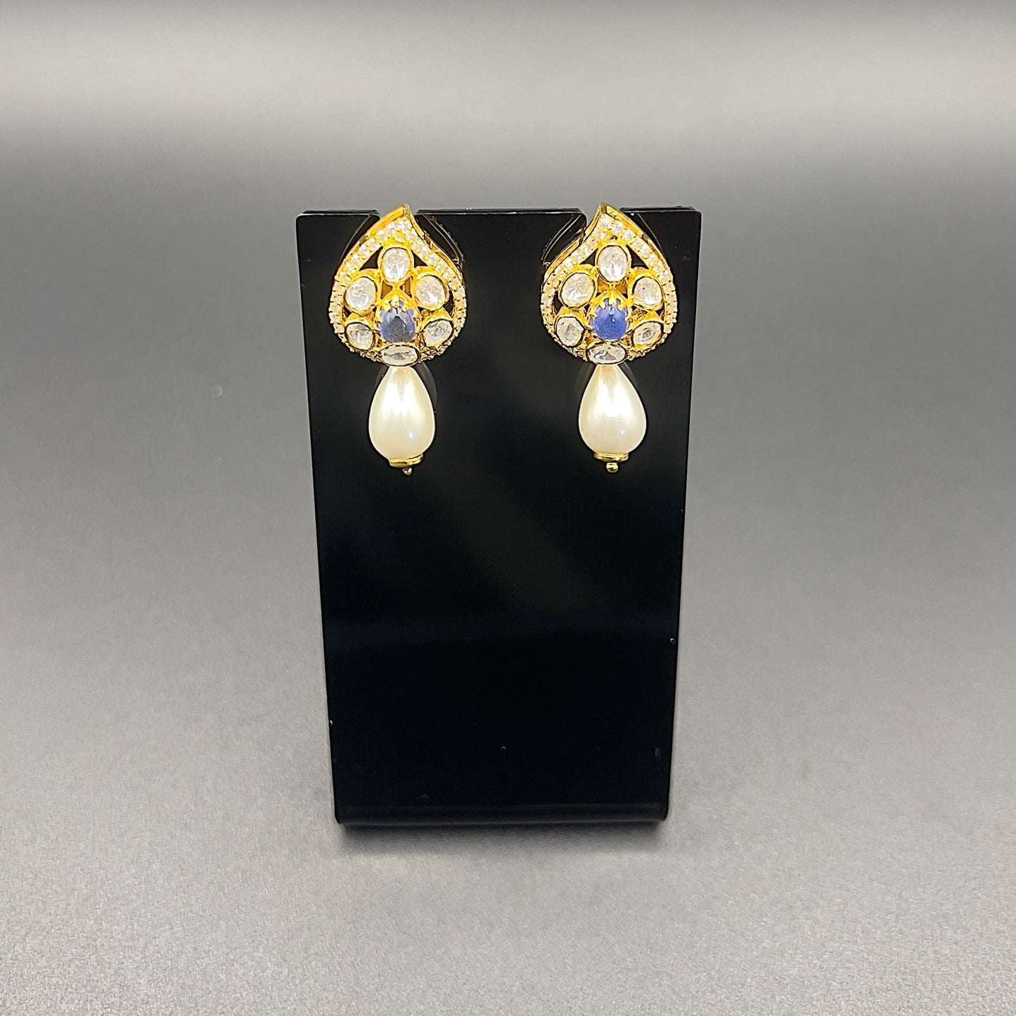 Moissanite "Blue Stone" Set With Fresh Water Pearl Drops