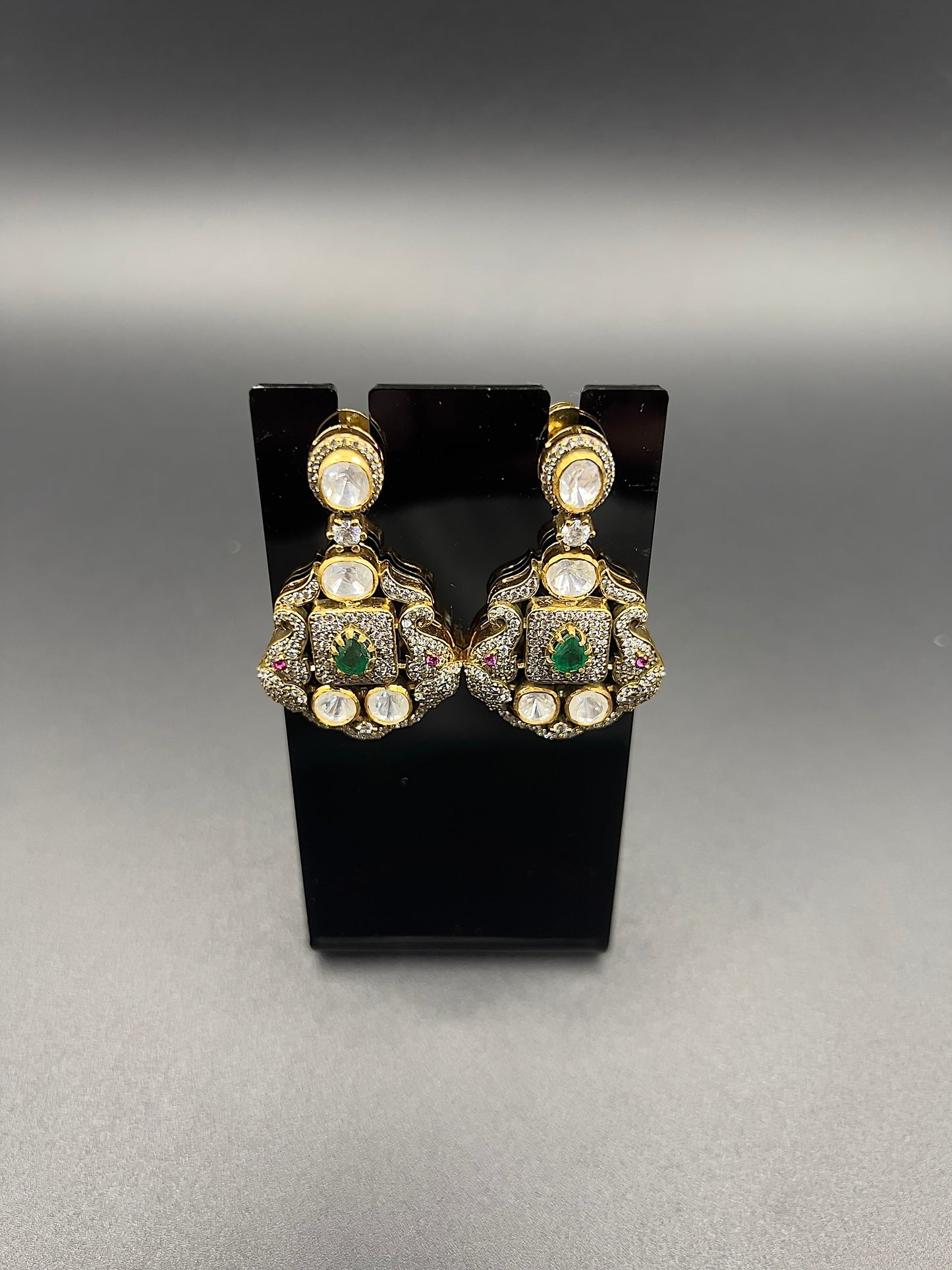 Moissanite "Peacock" Earrings With Touch of Emerald Stone