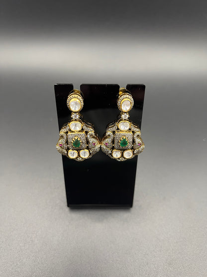 Moissanite "Peacock" Earrings With Touch of Emerald Stone
