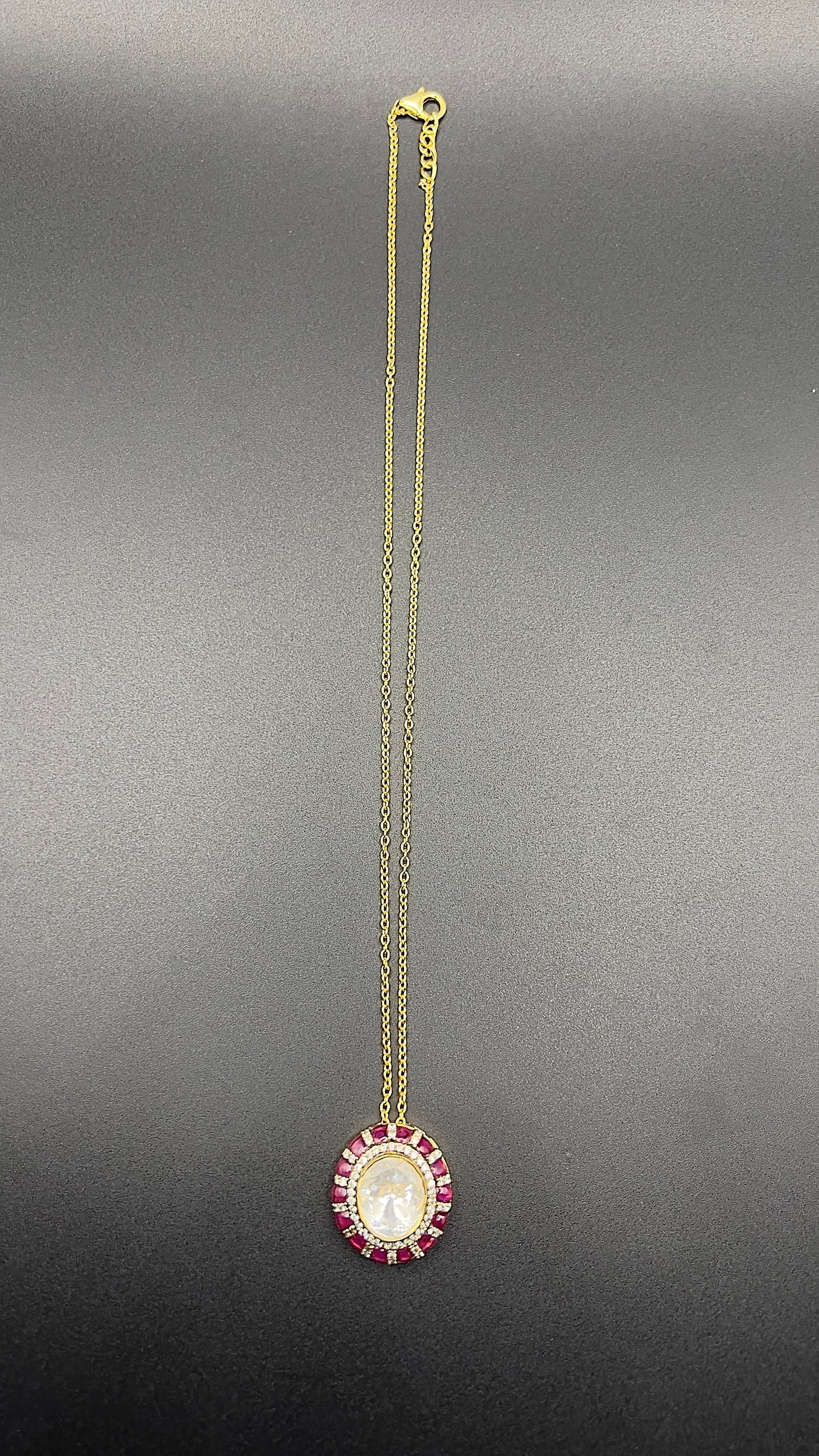 Moissanite "Big Stone" Pendant Necklace Bordered By Pink Ruby Stones