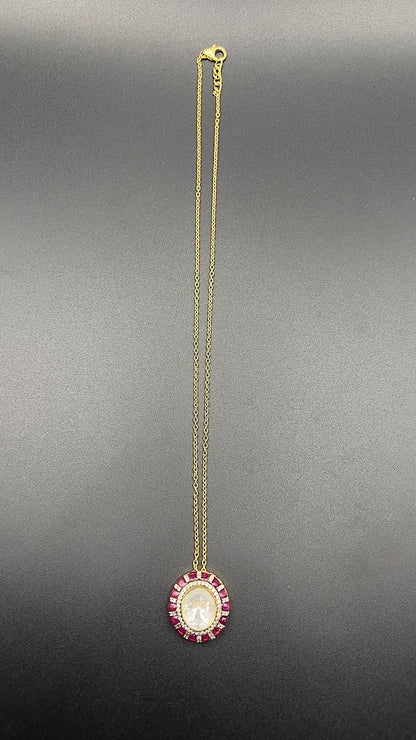 Moissanite "Big Stone" Pendant Necklace Bordered By Pink Ruby Stones