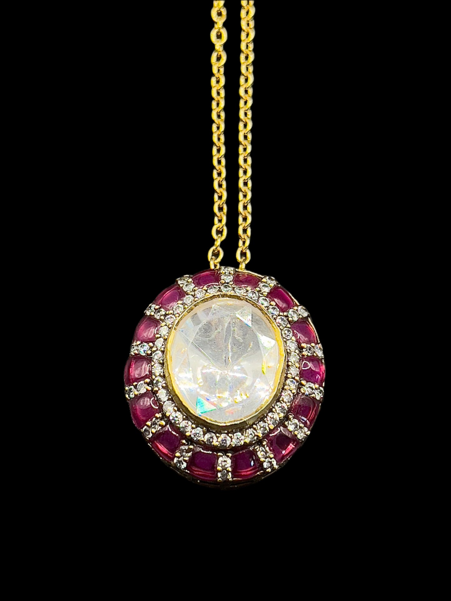 Moissanite "Big Stone" Pendant Necklace Bordered By Pink Ruby Stones