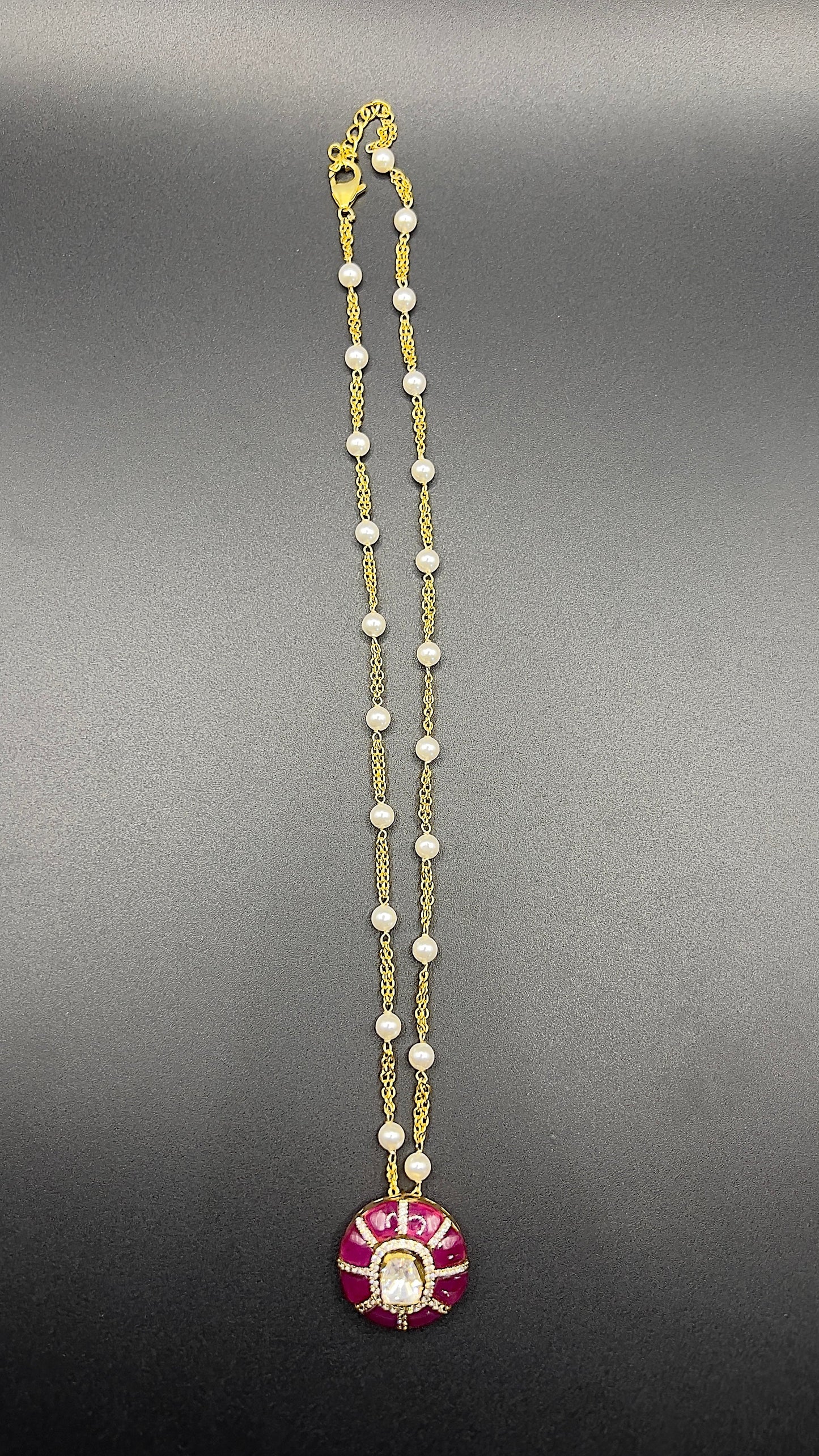 Moissanite "Royal Ruby" Pendant Set With White Pearls