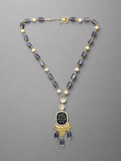 Moissanite "Carved Sapphire" Pendant Set With Amethyst Stones