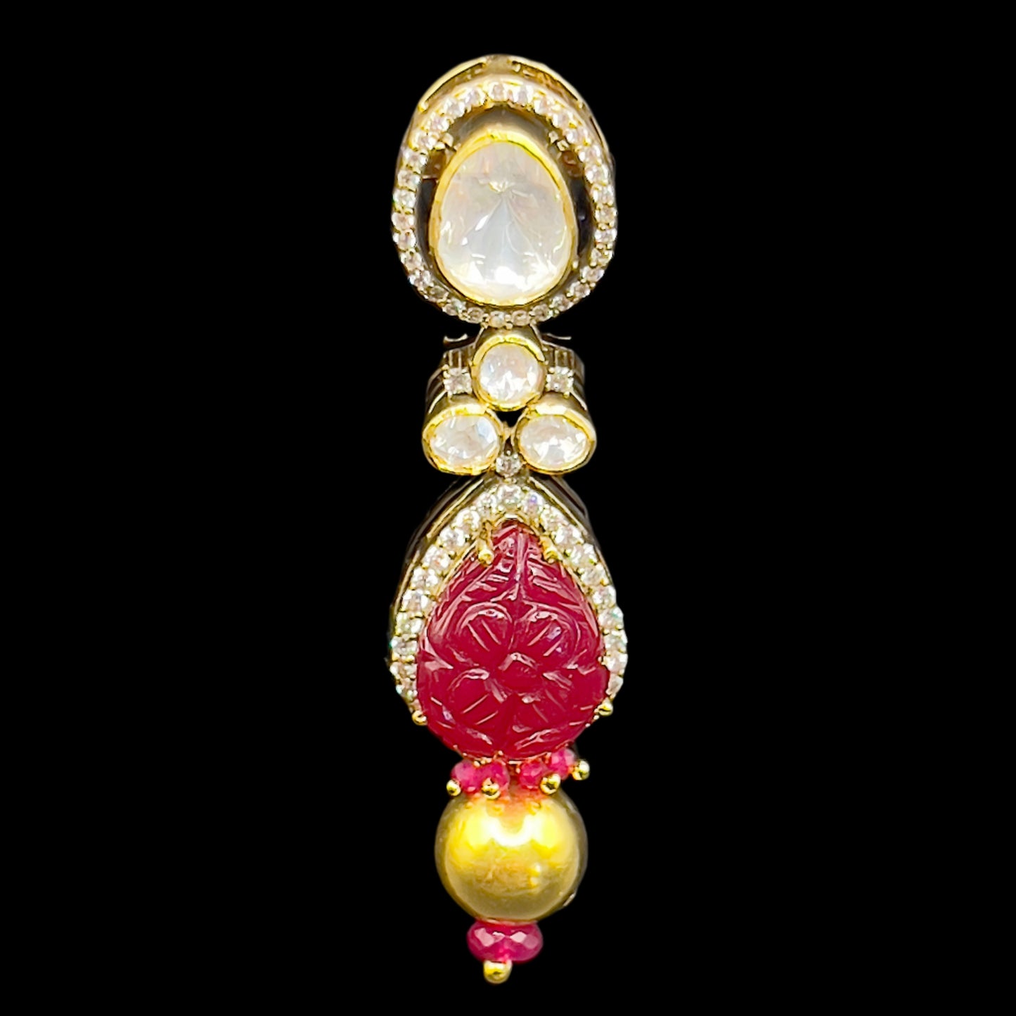 Moissanite "Pear Shaped" Adjustable Set With Carved Ruby Stone